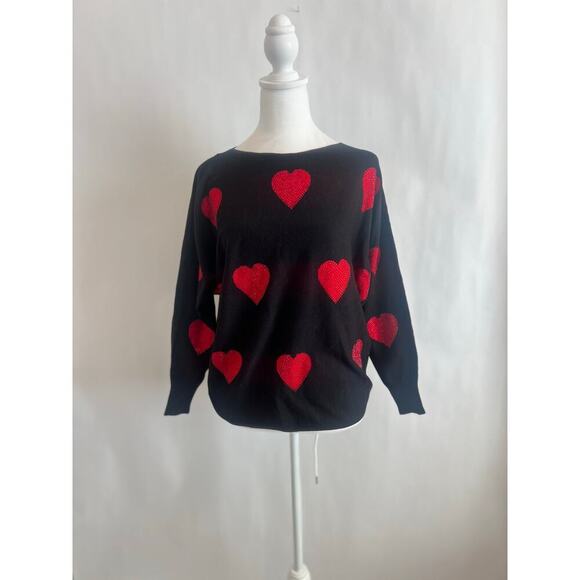 LIV MILANO Sweaters - LIV MILANO BLING HEART DOLMAN SWEATER BLACK WITH RED HEARTS SIZE SMALL